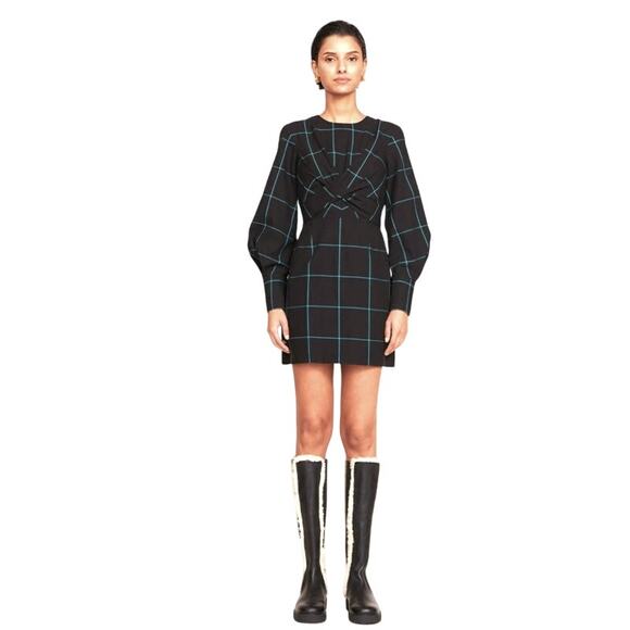 STAUD Crosshill Cut-Out Windowpane Mini Dress WMNS S Black/Teal Mini Long Sleeve - Picture 9 of 10